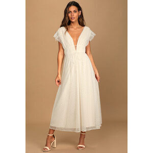 Lulus Yours Evermore Cream Swiss Dot Ruffled Midi Dress White - Size XL